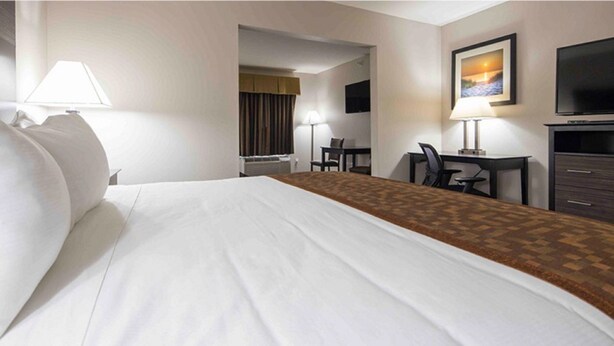 A hotel room with a large bed, a desk, a chair, a television, and a picture on the wall. - Best Western Beacon Inn (Grand Haven)