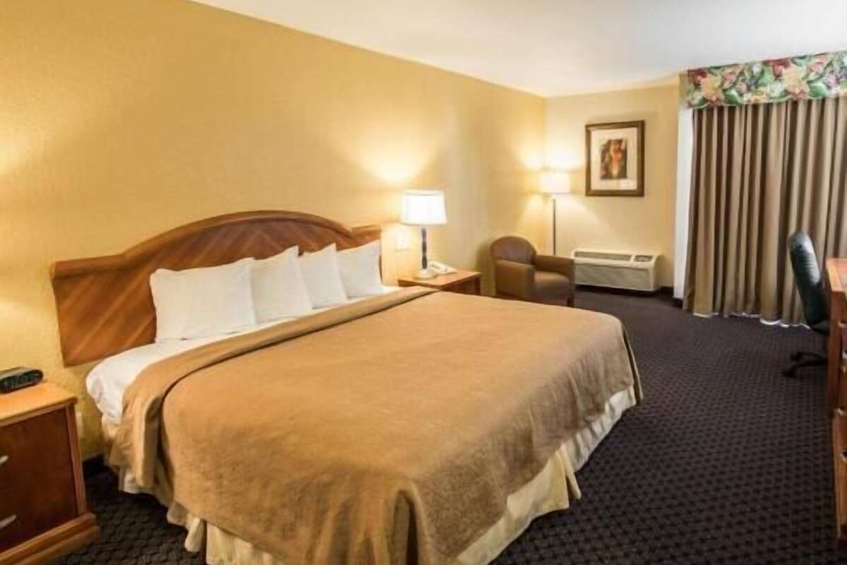 A hotel room with a bed, bedside table, lamp, chair, and an air conditioning unit.