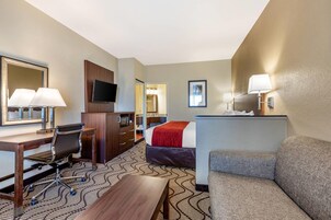 A hotel room with a bed, desk, chair, TV, and a sofa.