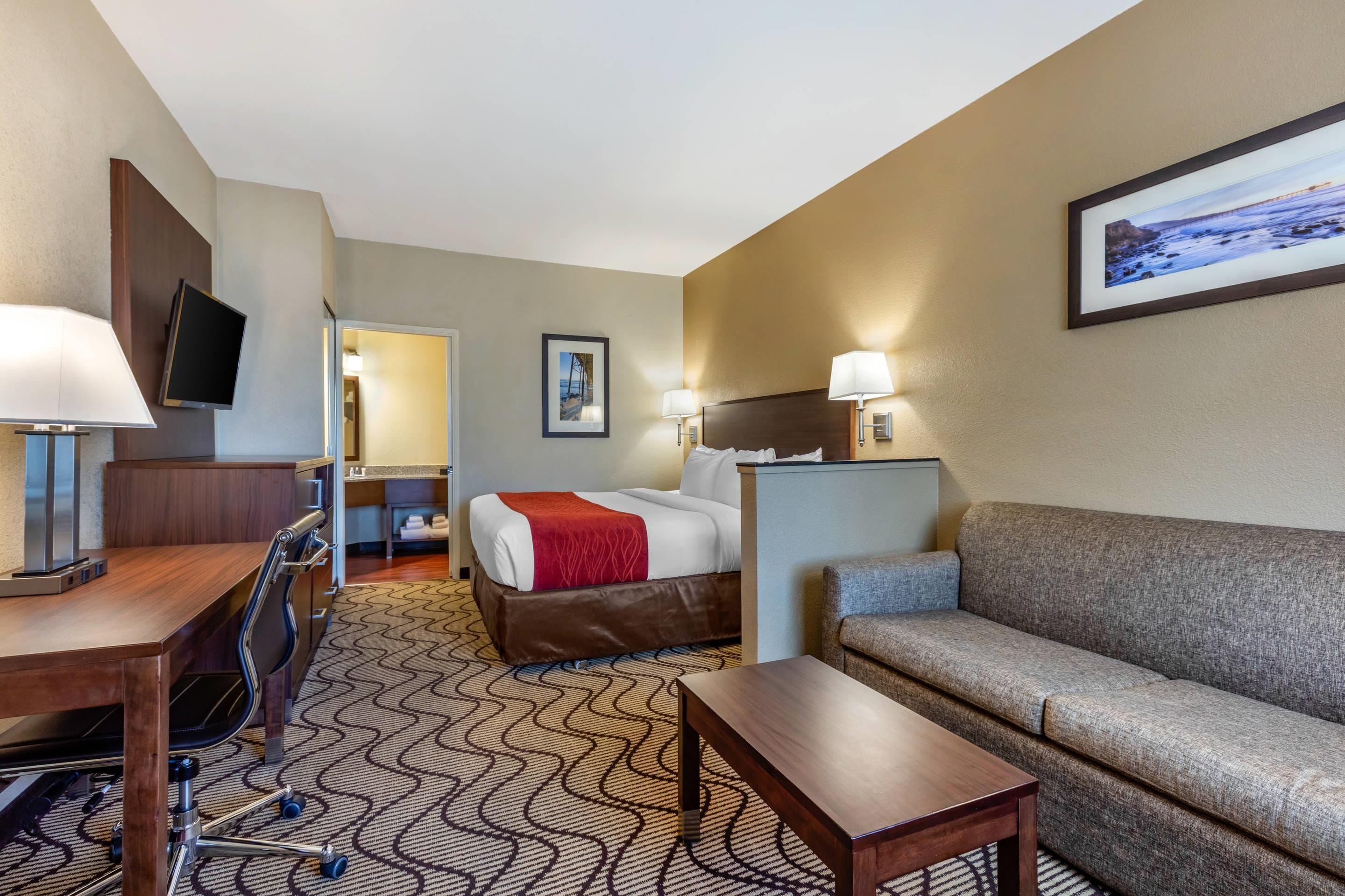 Una habitación de hotel con cama, sofá, escritorio y televisión.