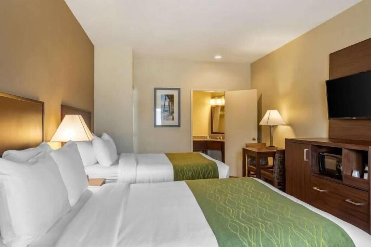 Premium bedding, desk, laptop workspace, blackout drapes