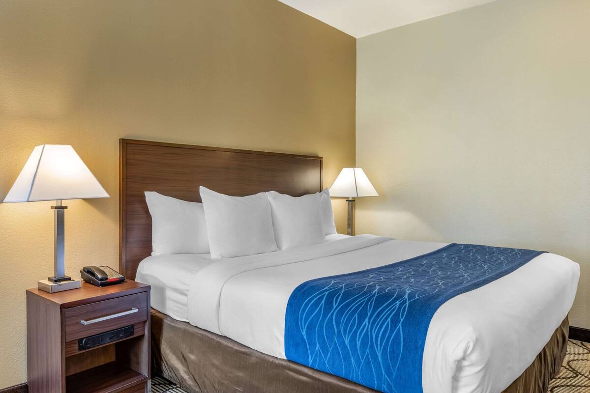 Una camera d'albergo con un letto grande, due abat-jour, un comodino con un telefono e un dettaglio blu sulla coperta.