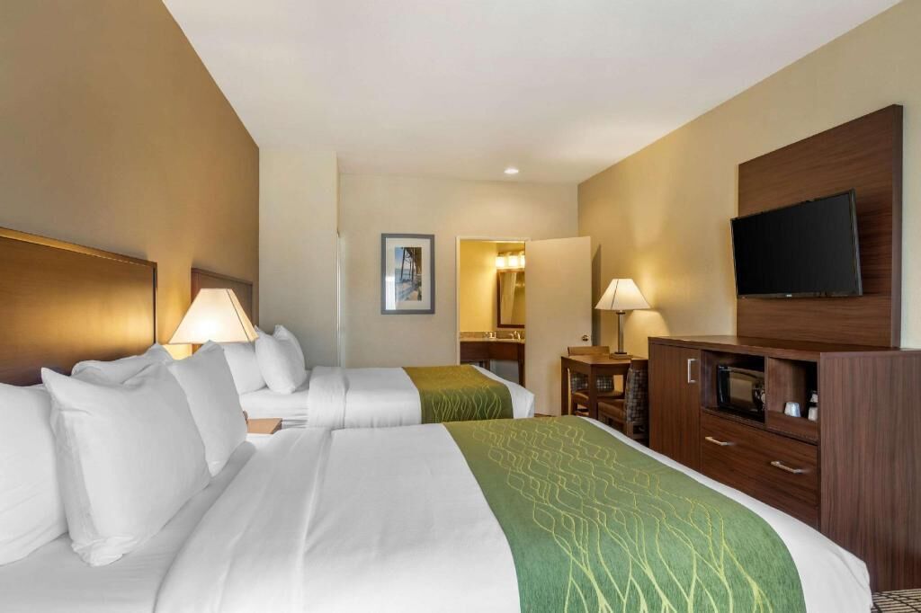 Premium bedding, desk, laptop workspace, blackout curtains