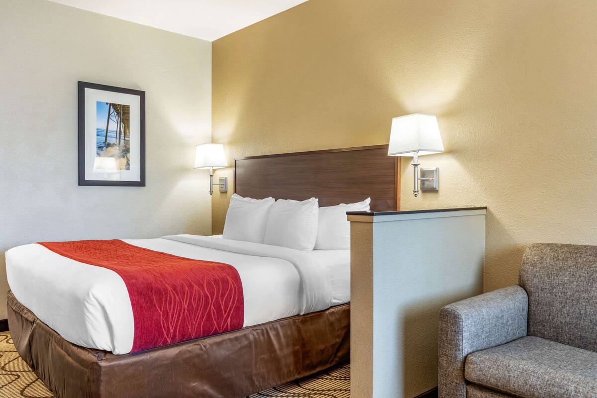 Una camera d'albergo con un letto grande, due lampade ai comodini, un quadro appeso alla parete e una poltrona grigia.