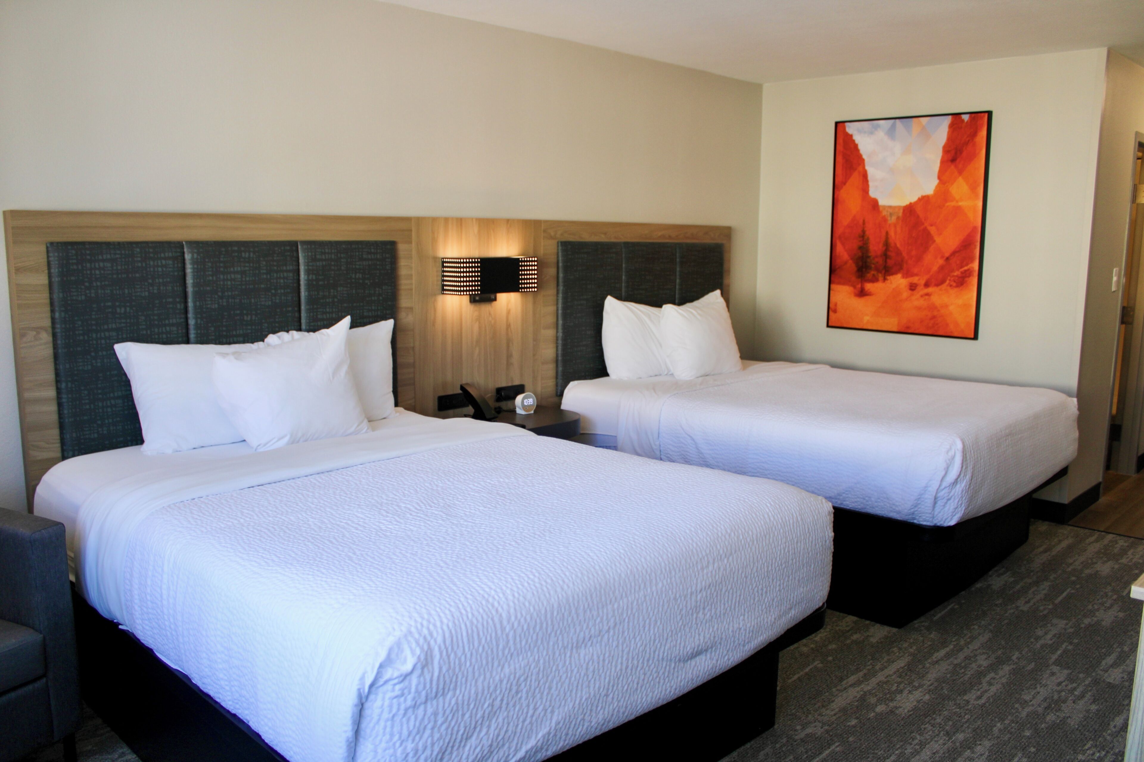 Standard Room, 2 Queen Beds, Non Smoking | In-room safe, desk, blackout curtains, iron/ironing board