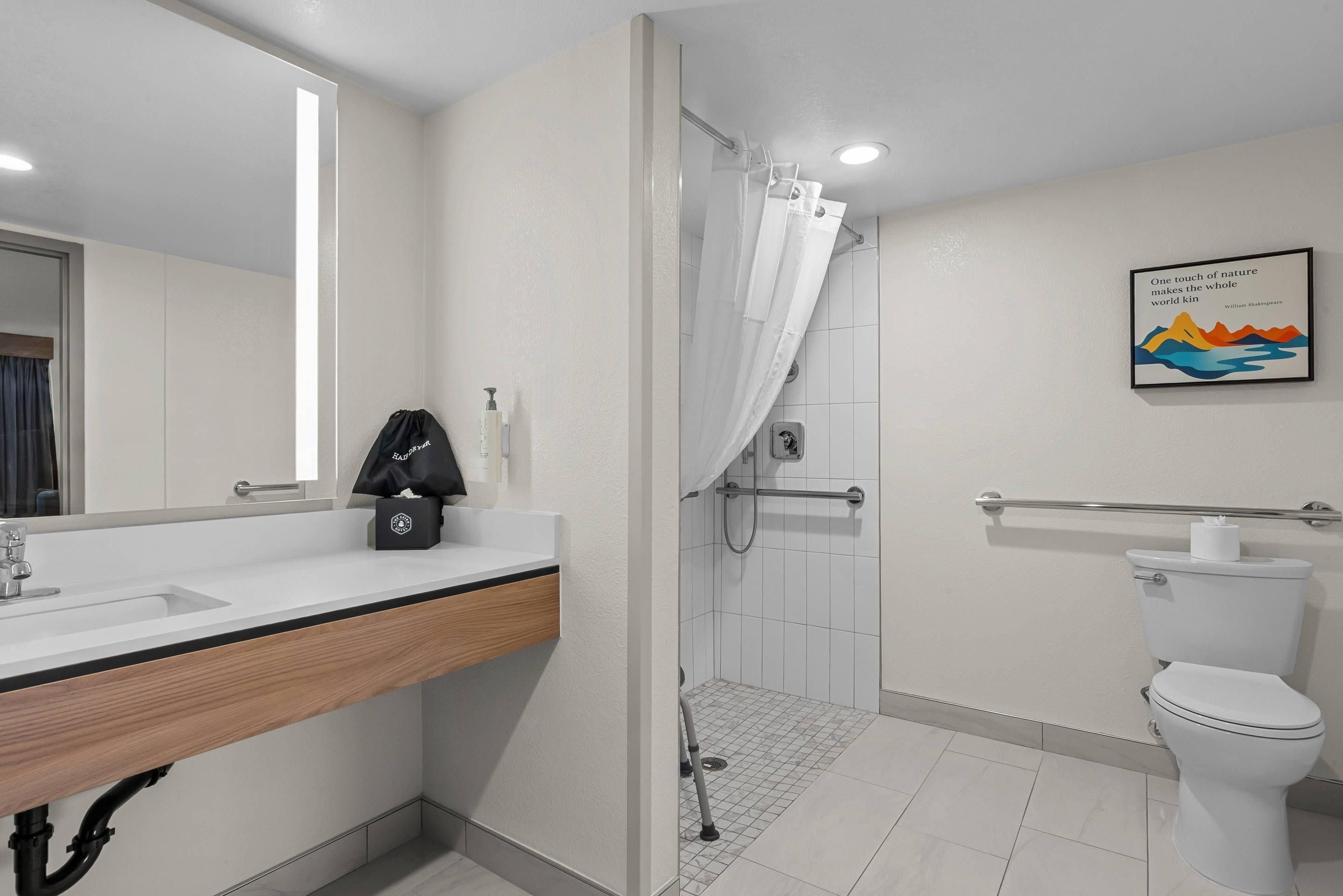Un baño moderno con ducha, inodoro y lavamanos.