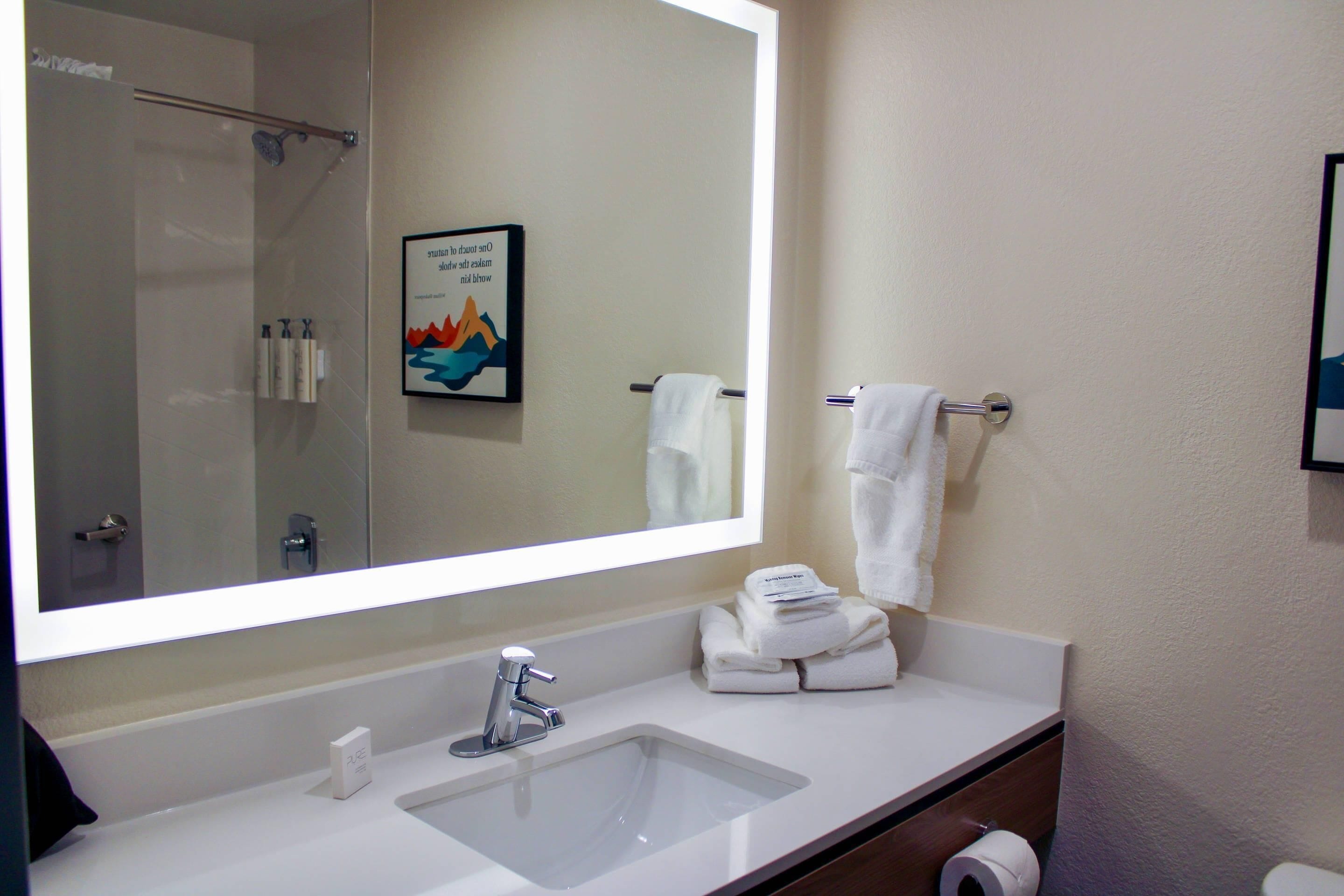 Une salle de bain avec un grand miroir, un lavabo, une douche et un porte-serviettes.