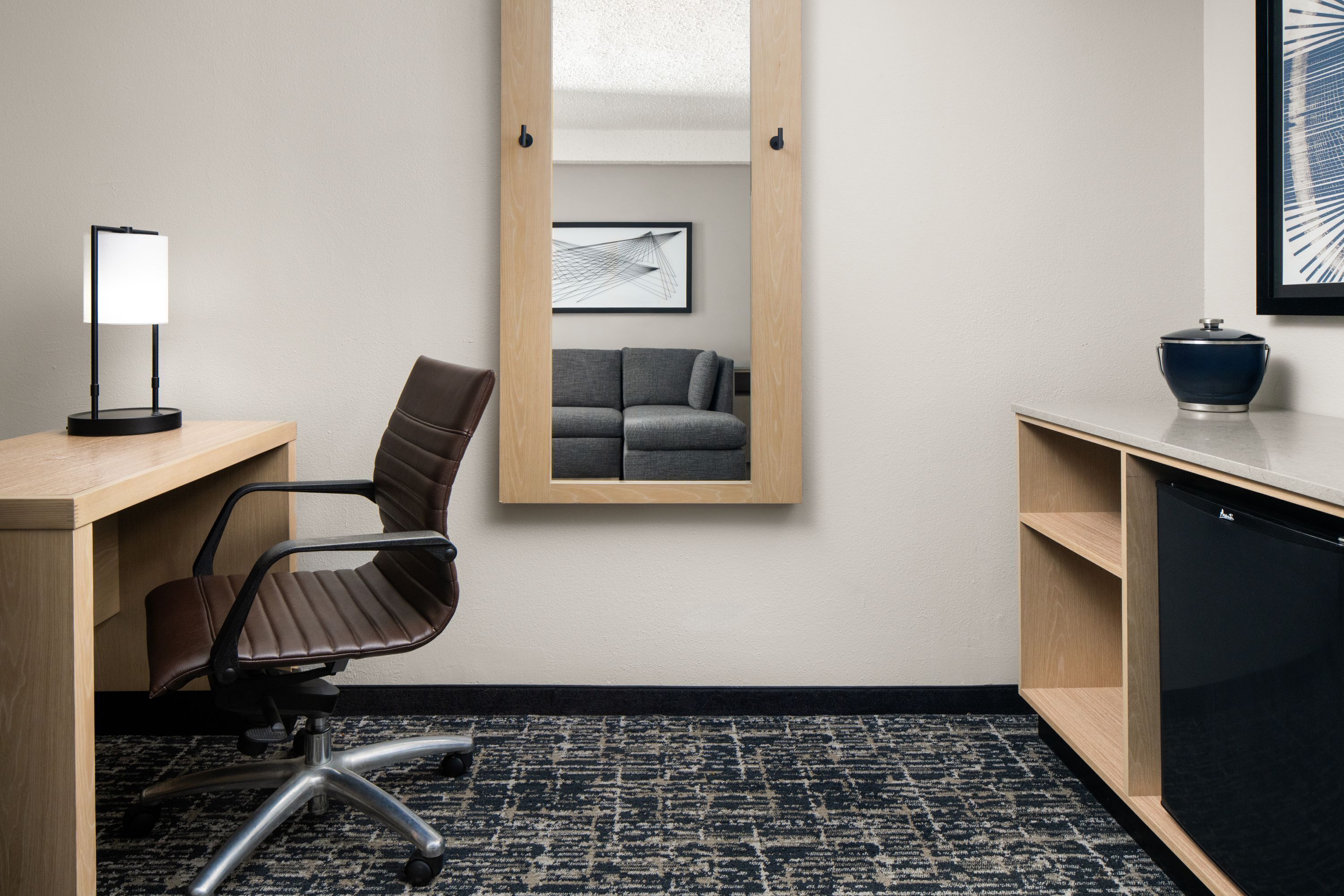 premium bedding, desk, laptop workspace, blackout curtains