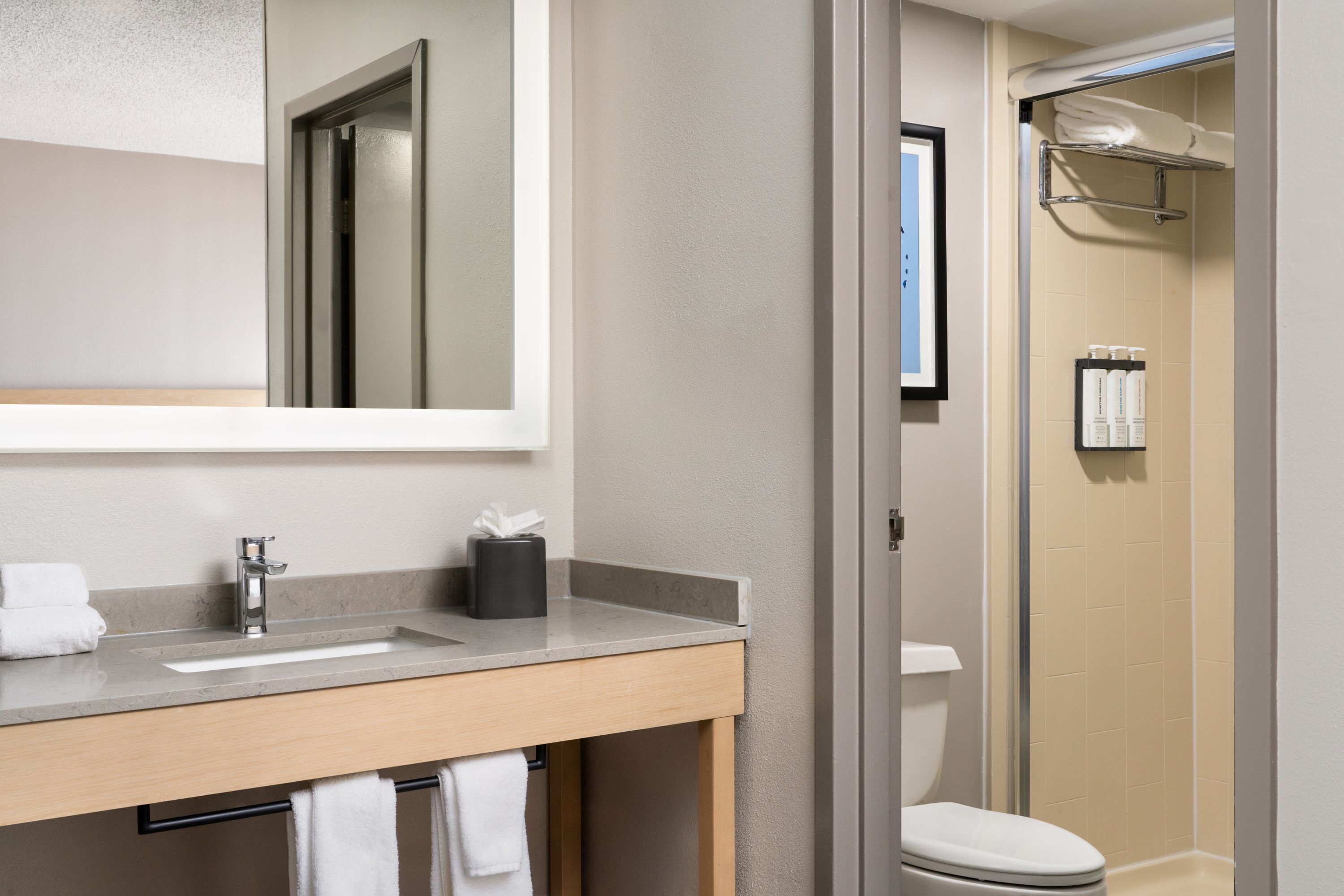 combined shower/bathtub, designer toiletries, hair dryer, towels