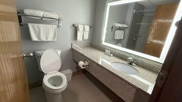 Bagno con WC, lavandino e specchio. Asciugamani su un portasciugamani e un cestino.