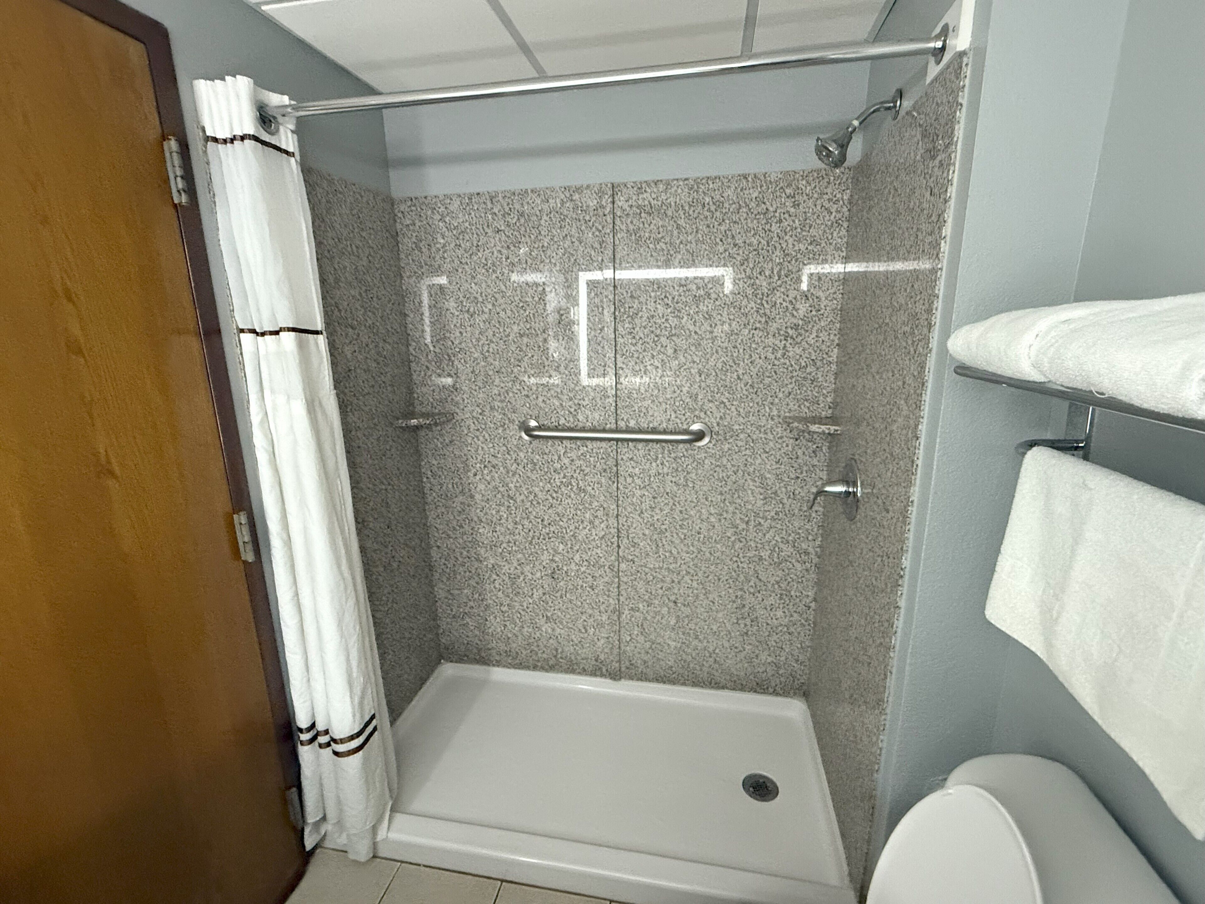 A shower area with a glass door, a towel rack, and a toilet.