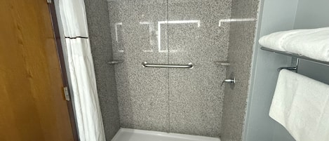 A shower area with a glass door, a towel rack, and a toilet.