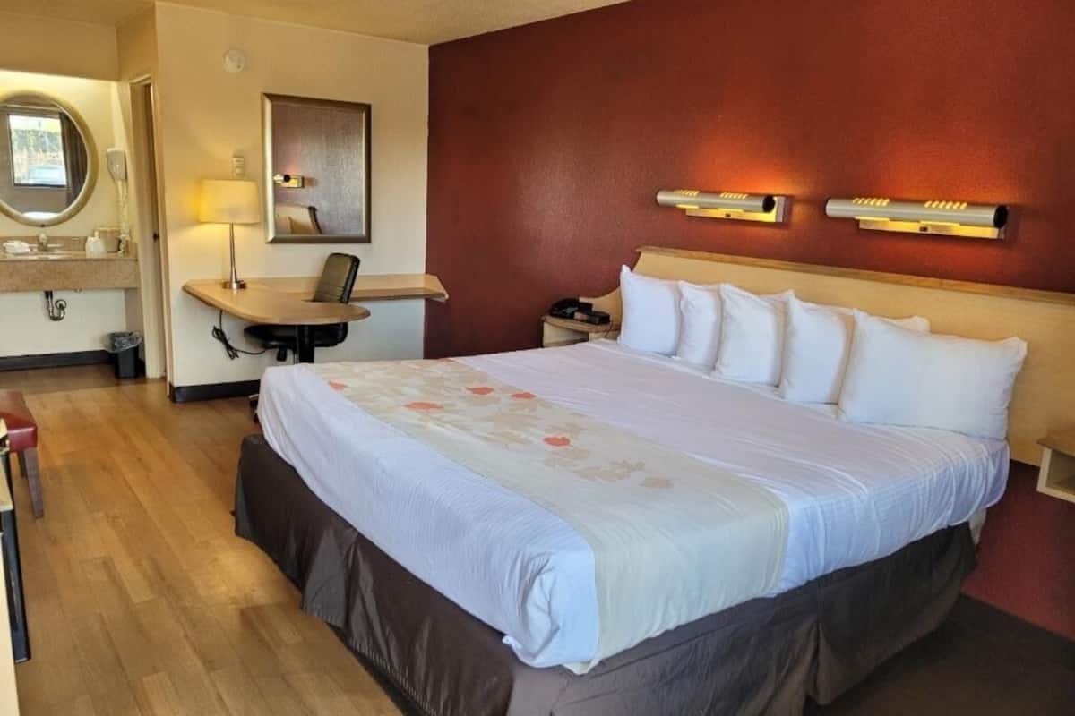 خزنة داخل الغرفة ومكتب ومساحة عمل للكمبيوتر المحمول وستائر تعتيم