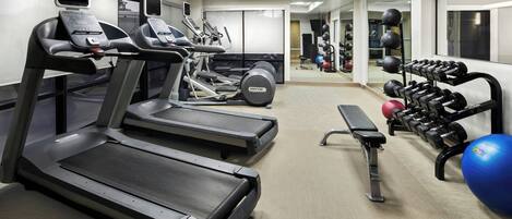 A gym with treadmills, a bench, dumbbells, and exercise balls.