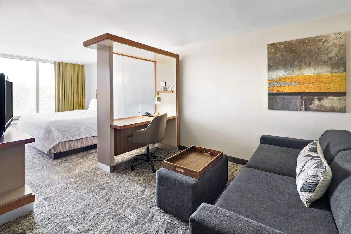A hotel room with a bed, a desk, a chair, a sofa, and a large window.