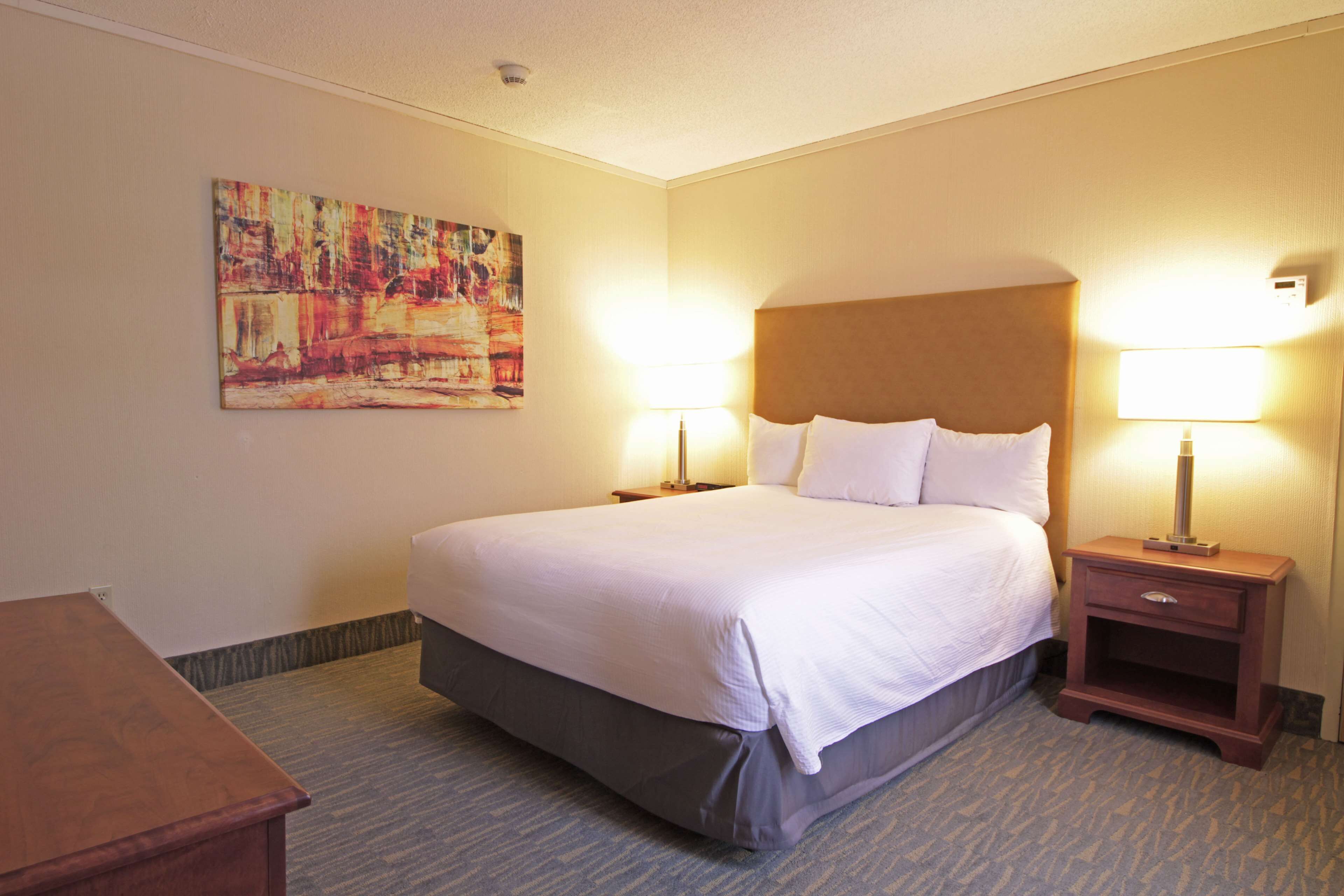 A hotel room with a large bed, two bedside tables with lamps, a wooden nightstand, and a colorful abstract painting on the wall.