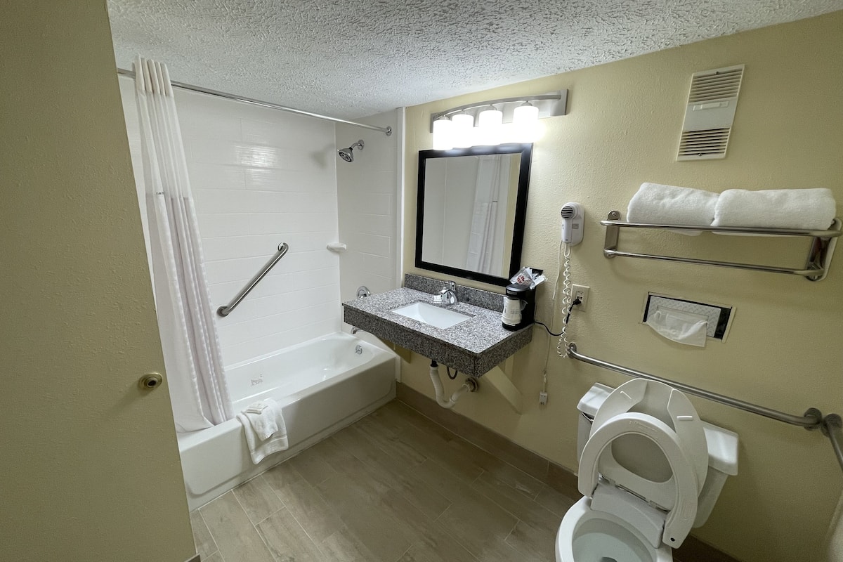 combined shower/bathtub, free toiletries, hair dryer, towels