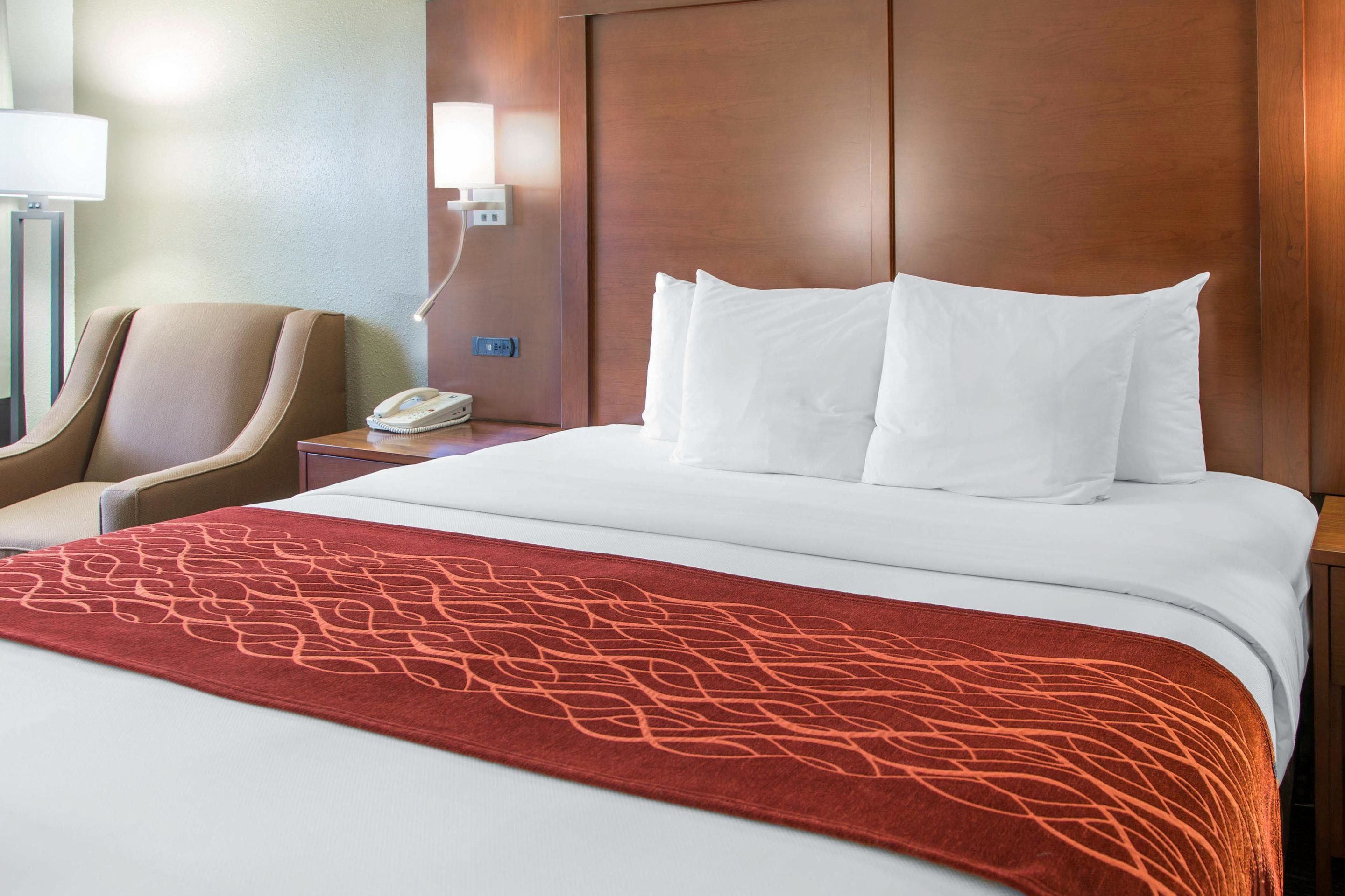 Habitación de hotel con cama, una silla, una mesita de noche y una lámpara.
