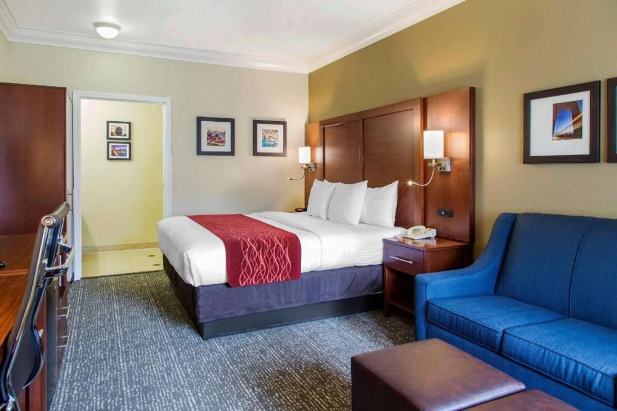 A hotel room with a bed, a blue sofa, a wooden nightstand, and a desk with a lamp.