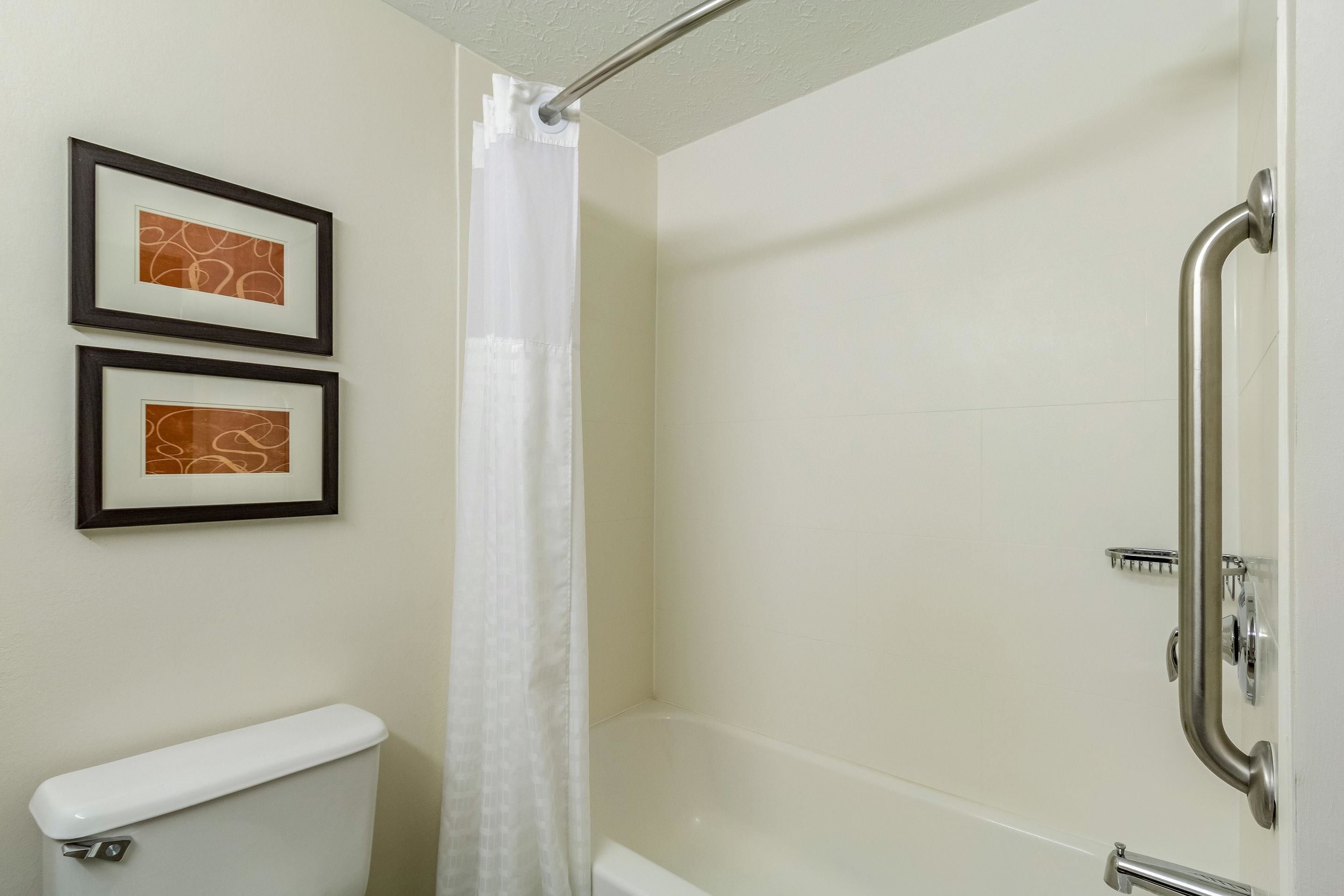 A bathroom with a toilet, a shower with a grab bar, and two framed pictures on the wall.