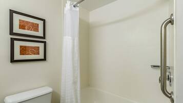 A bathroom with a toilet, a shower with a grab bar, and two framed pictures on the wall.