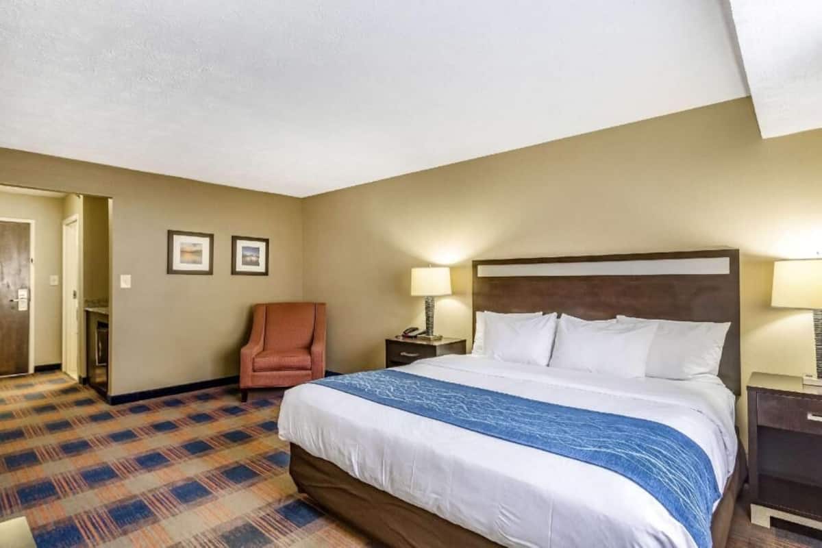 A hotel room with a large bed, a chair, a nightstand, and a door leading to a hallway.