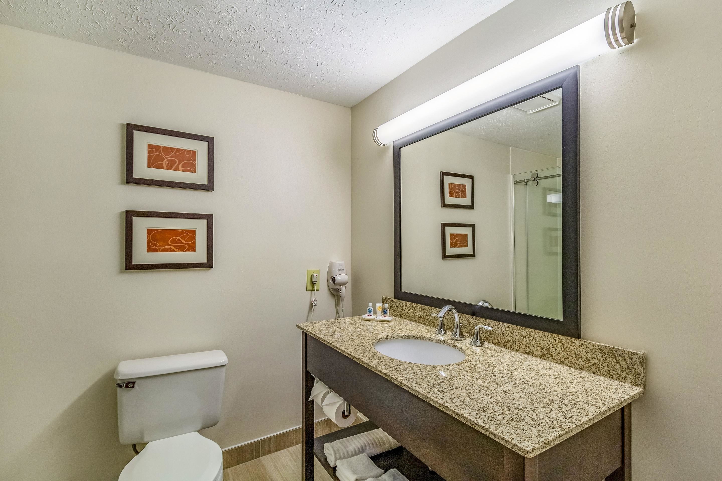 A bathroom with a white toilet, a sink with a granite countertop, and a large mirror. There are two framed pictures on the wall.