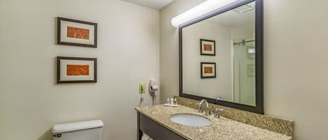 A bathroom with a white toilet, a sink with a granite countertop, and a large mirror. There are two framed pictures on the wall.