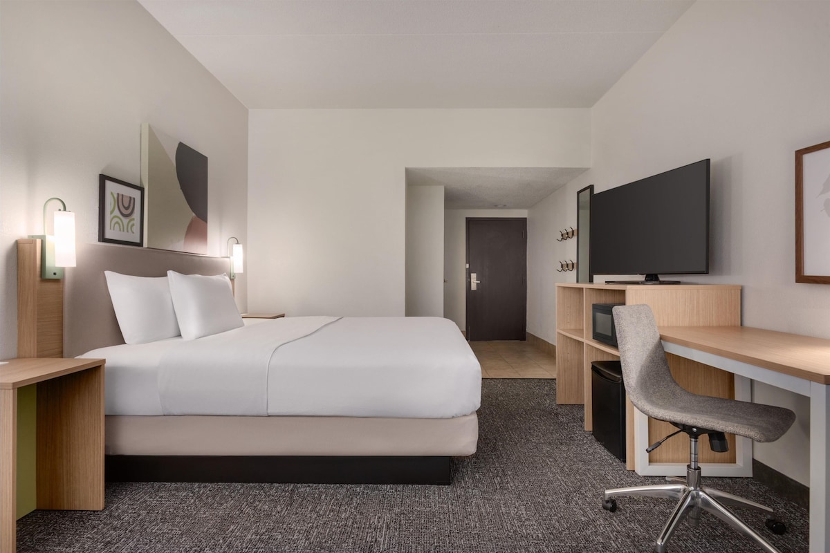 Una habitación de hotel con cama, escritorio, silla, televisión y obras de arte en las paredes.