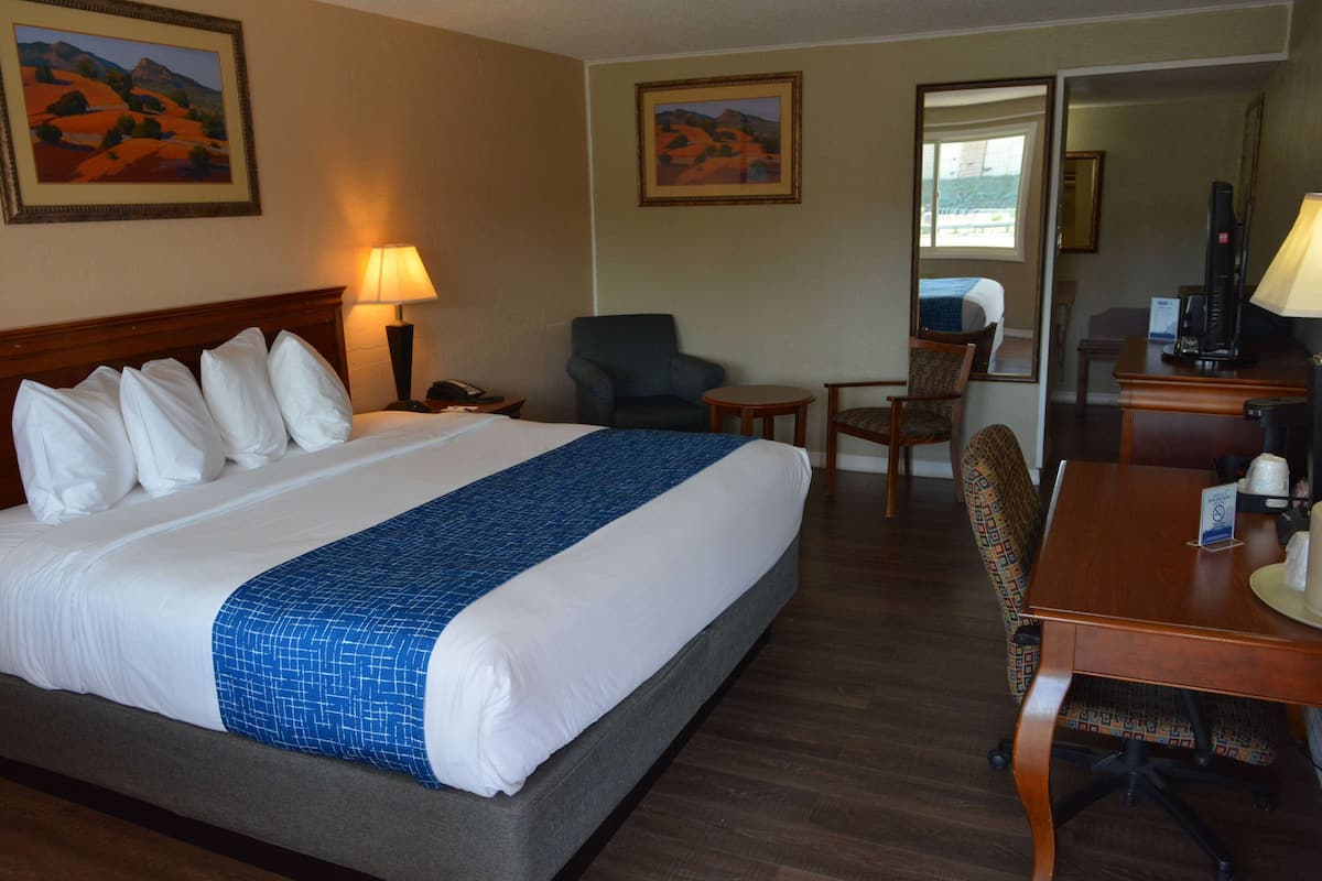 A hotel room with a large bed, a desk, a chair, and a small table.