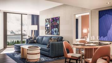 Premium bedding, desk, laptop workspace, blackout drapes