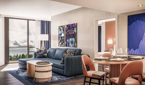 Premium bedding, desk, laptop workspace, blackout drapes