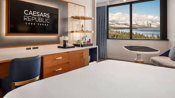 Premium bedding, desk, laptop workspace, blackout curtains