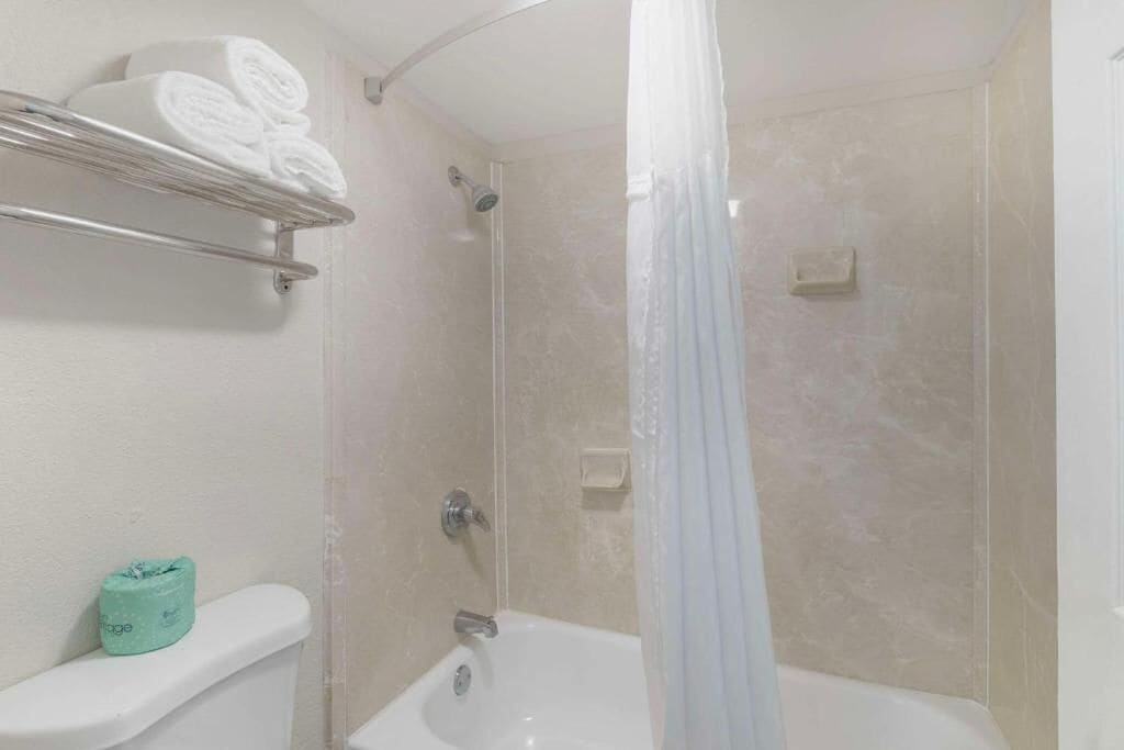 A bathroom with a shower, a toilet, and a shelf with towels.