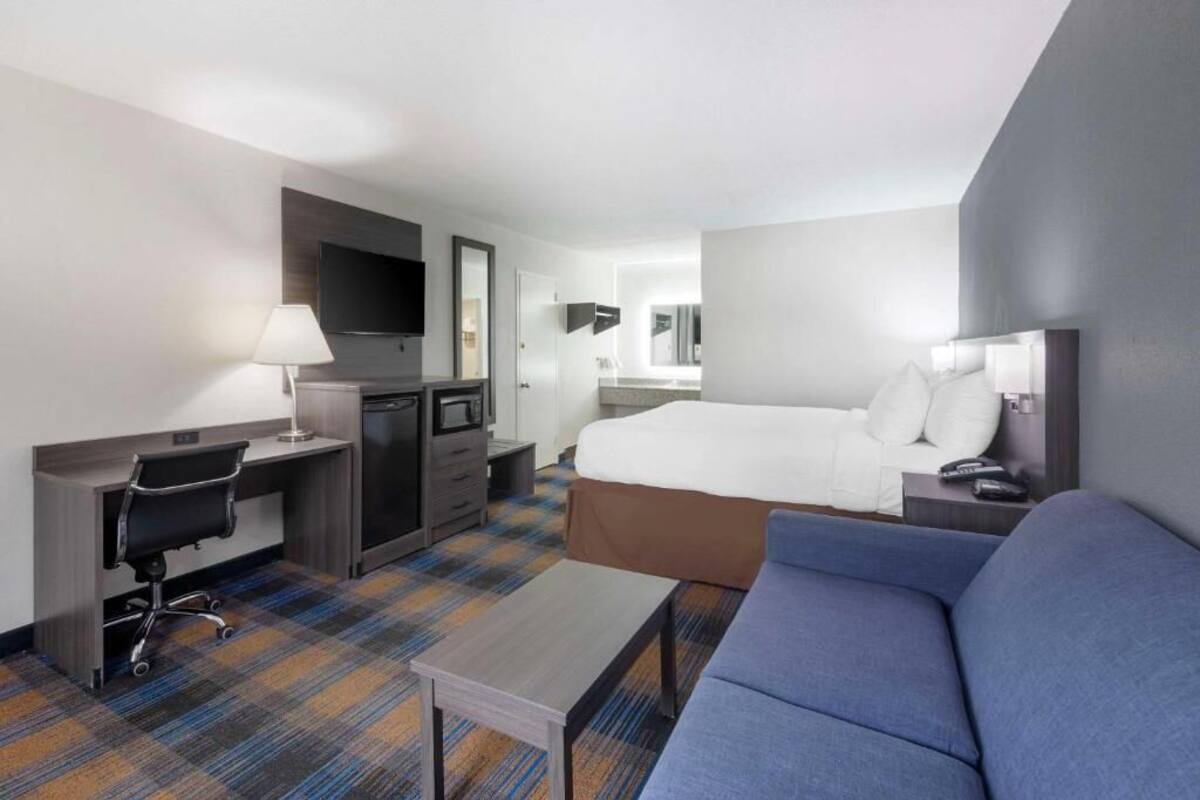 A hotel room with a bed, a desk with a chair, a TV, a small table, and a sofa.