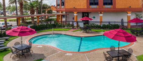 Een seizoensgebonden buitenzwembad en ligstoelen