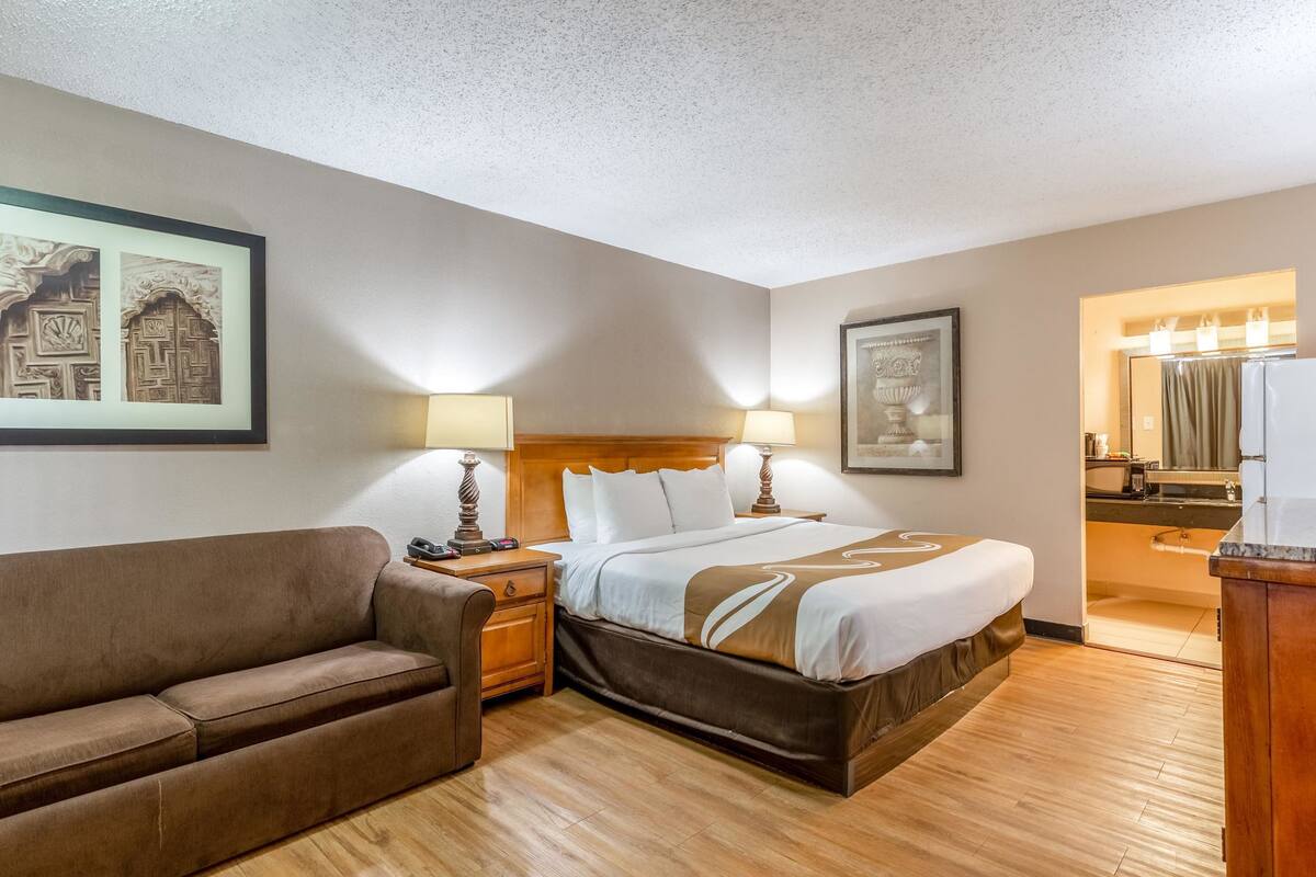 A hotel room with a bed, a sofa, a nightstand, a lamp, and a framed picture on the wall.
