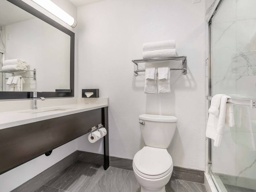 Un baño moderno con inodoro blanco, cabina de ducha de vidrio, un espejo grande y un perchero para toallas.