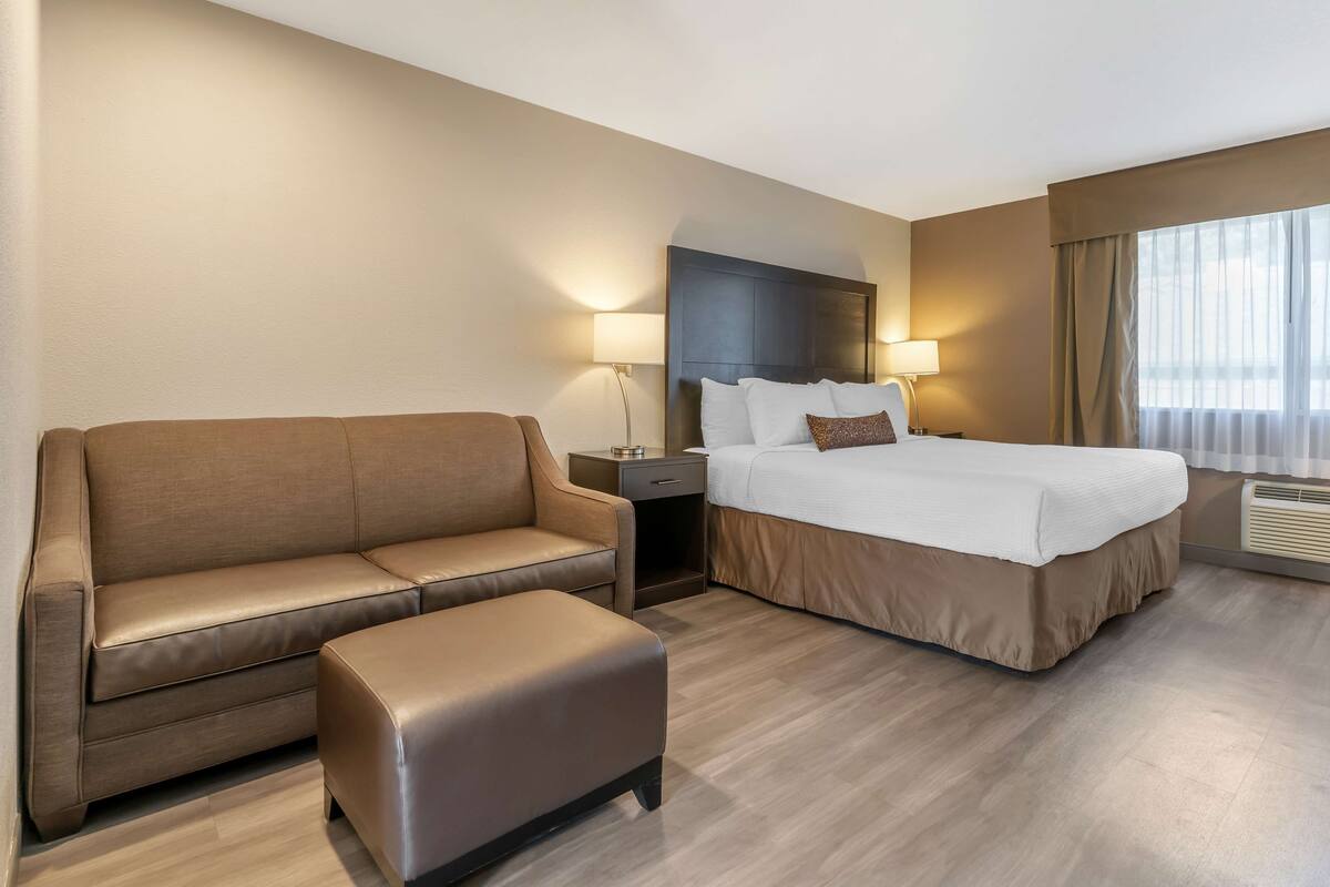 A hotel room with a bed, a sofa, an ottoman, a nightstand, and a lamp.