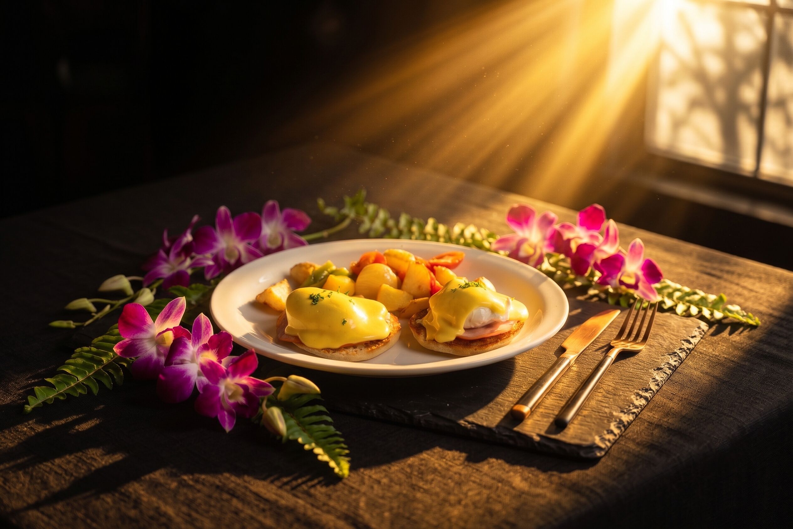 Un plato de desayuno con huevos Benedictinos, papas y fruta, acompañado de un tenedor y cuchillo sobre una mesa de madera con flores decorativas.
