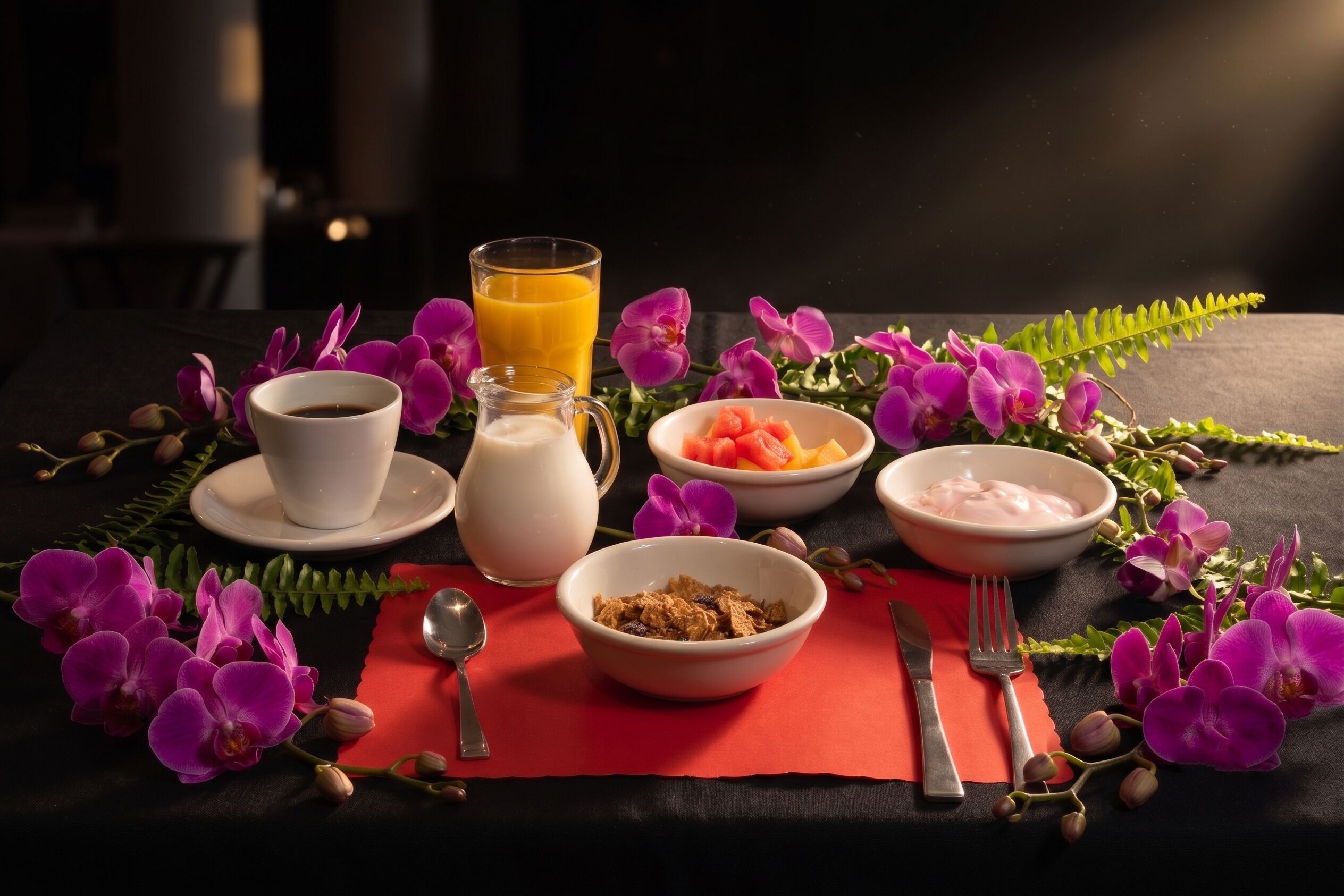 A breakfast setting with a cup of coffee, a glass of orange juice, a jug of milk, bowls of cereal and fruit, and a fork and spoon on a table with a red napkin.
