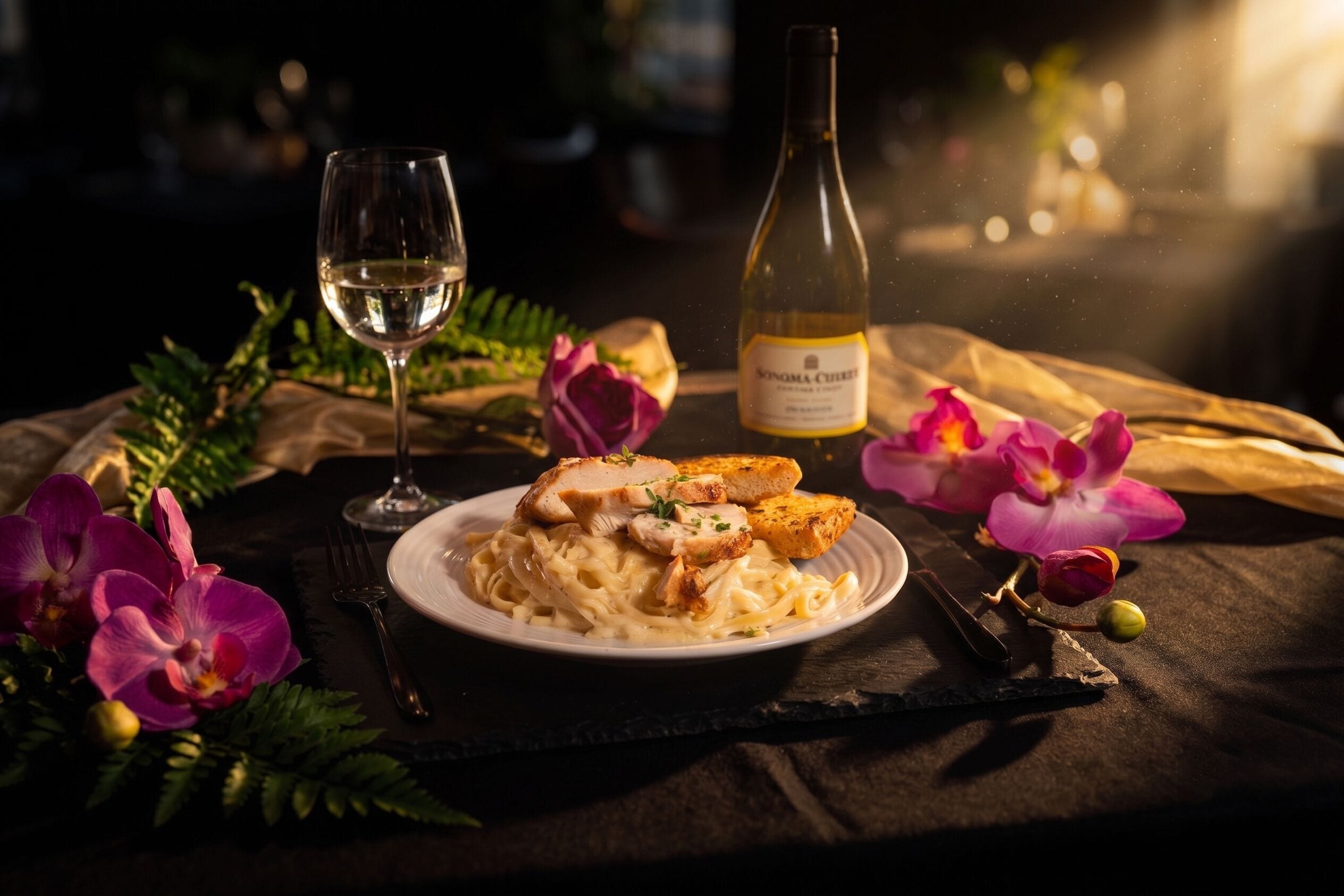 Un plato de pasta con pollo a la parrilla y pan tostado, una copa de vino blanco y una botella de vino Sonoma Creek sobre una mesa con orquídeas y un paño oscuro.
