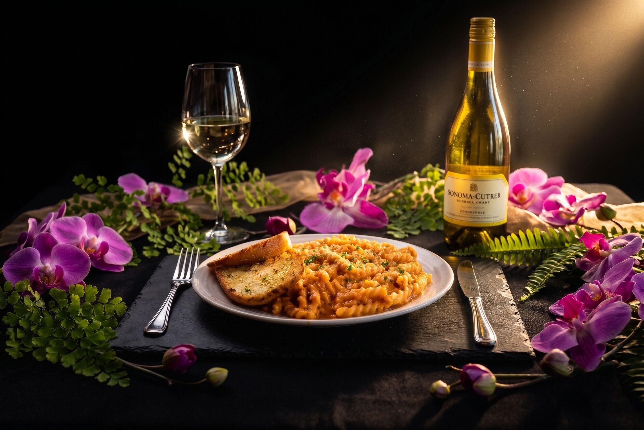 Un plato de pasta con una copa de vino blanco y una botella de vino sobre una superficie oscura con flores moradas.