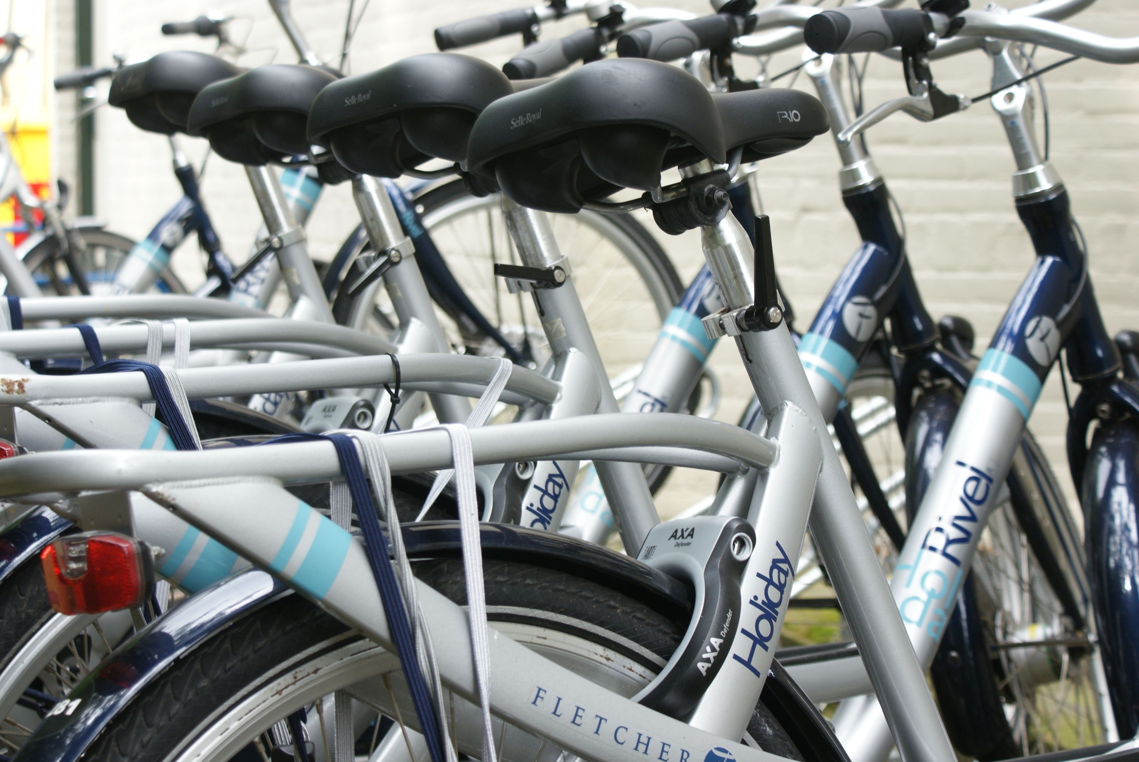 A row of bicycles with "Fletcher" branding, indicating a bike rental service.