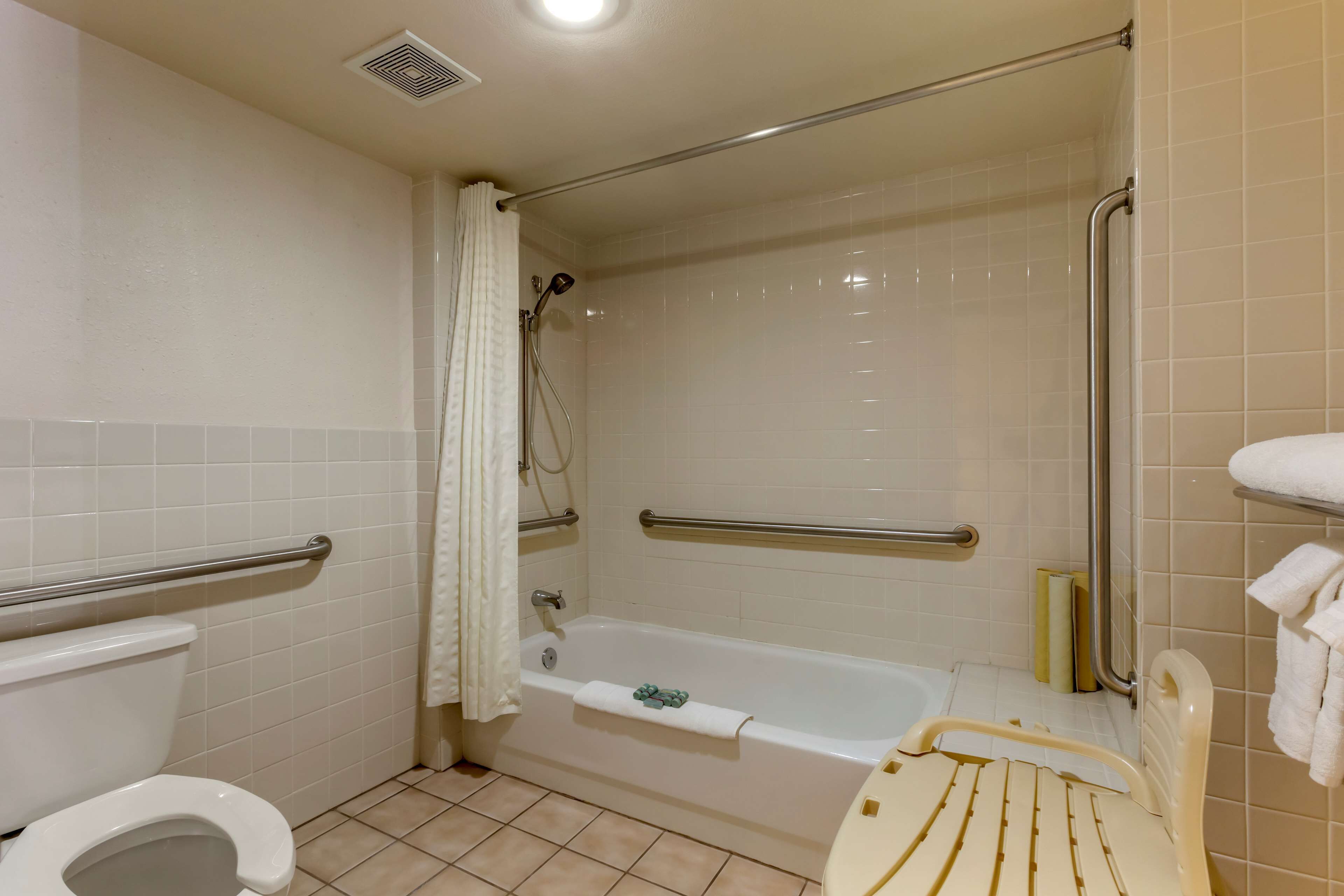 combined shower/bathtub, free toiletries, hair dryer, towels