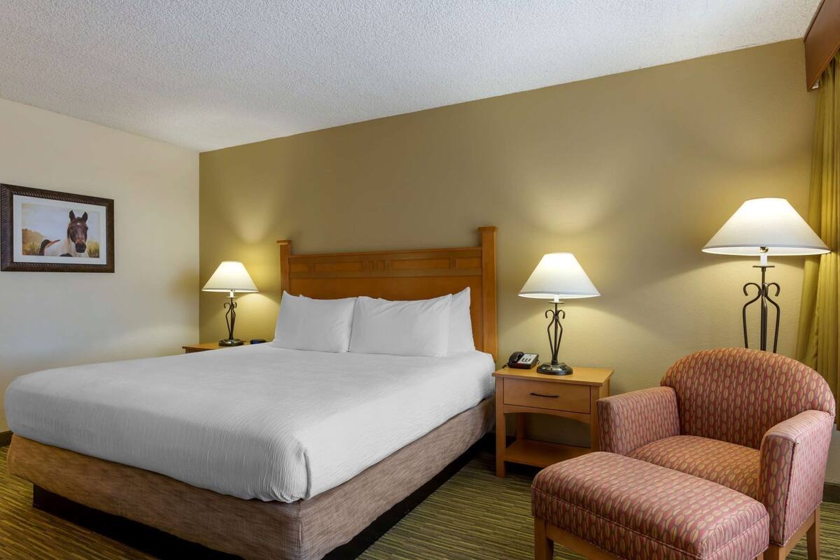 A hotel room with a large bed, two bedside tables with lamps, a chair, and a framed picture on the wall.