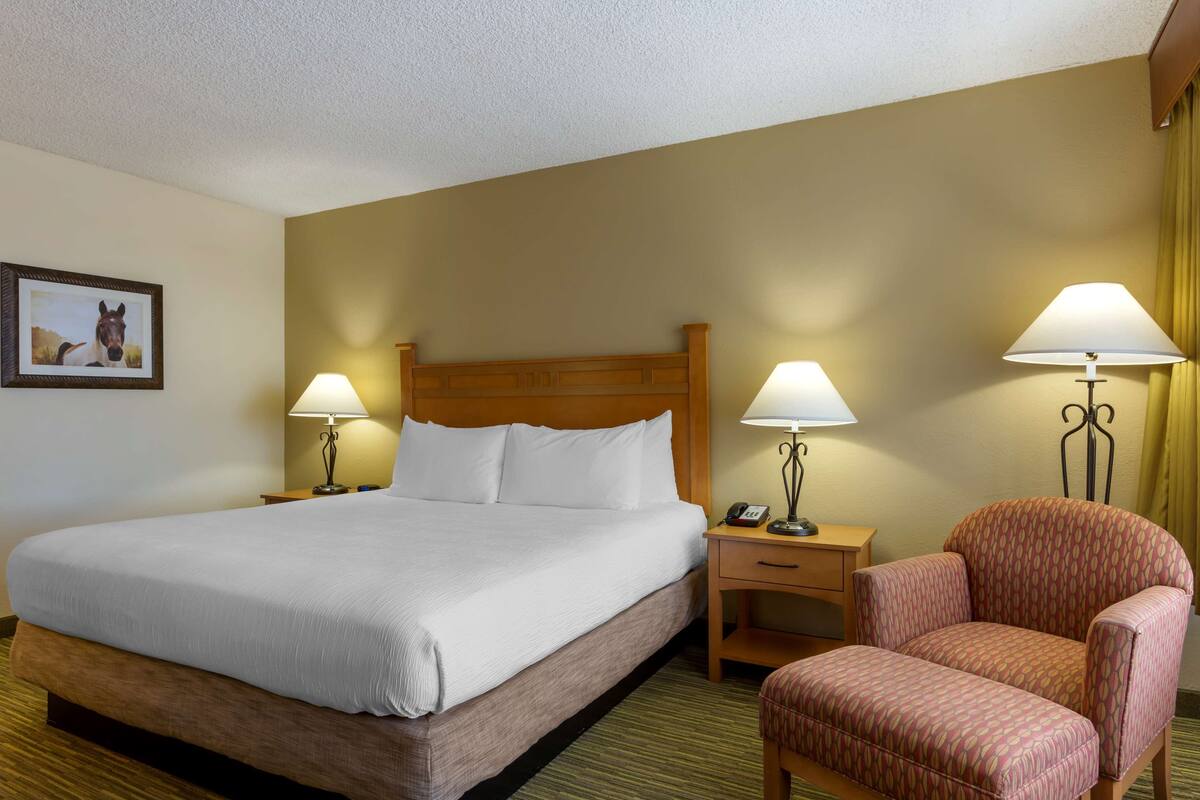 A hotel room with a large bed, two bedside tables with lamps, a chair, and a framed picture on the wall.