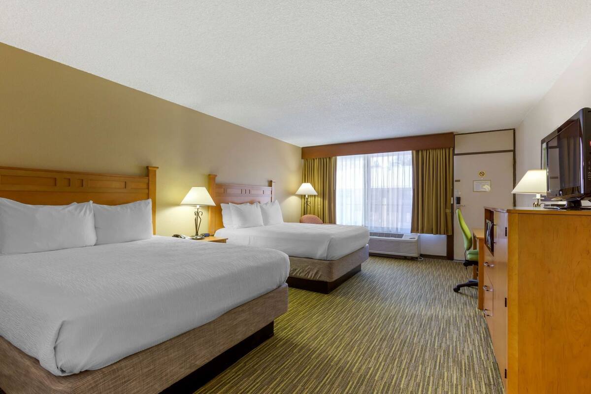 A hotel room with two beds, a television, a desk, and a chair.