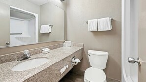 A bathroom with a granite countertop, a white sink, a toilet, and a mirror. - Red Roof Inn Charlotte - University (Charlotte)