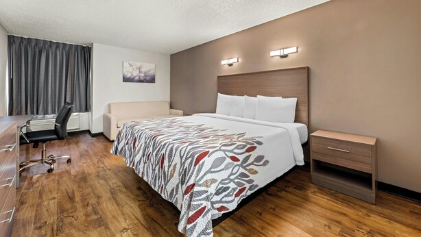 A hotel room with a bed, bedside table, chair, and a desk with a chair. - Red Roof Inn Charlotte - University (Charlotte)